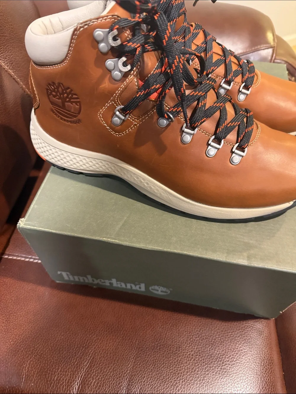 Timberland Men's Chestnut Leather Hiking Boots with Black & Orange Laces